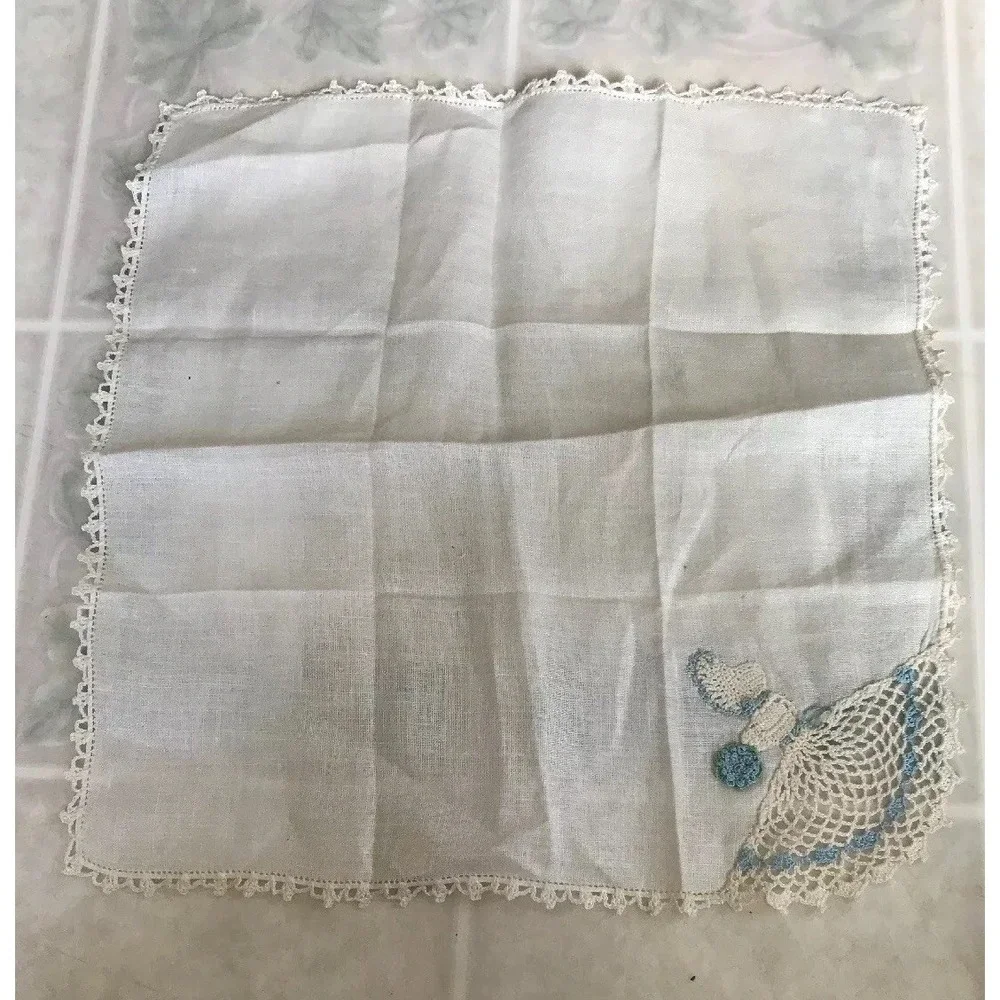 Vintage New Linen Handkerchief Crocheted Decorative Edge Lady with Dress Bonnet